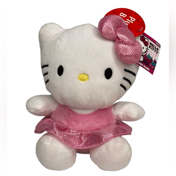 SANRIO Hello Kitty Licensed 8” Plush Coin Piggy Bank With Pink Dress & Pink Bow - Picture 1 of 12
